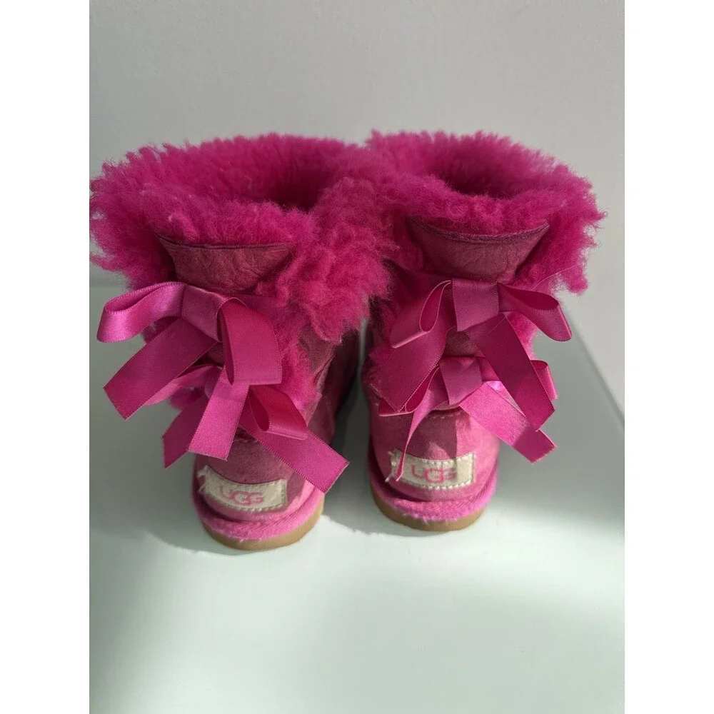 ✿ UGG Kids Pink Suede Shearling Bow Back Boots Winter Warm Girls Size 12 USA